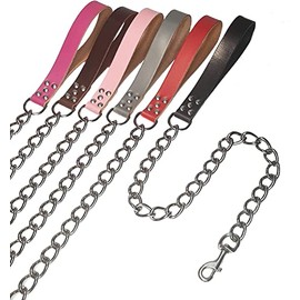 Heavy Duty Chain Lead Chew Proof Leash Non Rust Metal with Leather Handle for Large and Extra Large Dog up to 80kg (Baby Pink)…