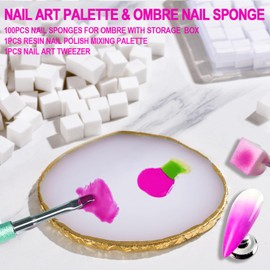 Haozher Nail Art Palette &100pcs Nail Sponges for Ombre-Resin Nail Polish Mixing Palette Pallet for Nail Art Tools Accessories;Soft Ombre Nail Sponge Nail Brush stuff for Nail Tech Must Haves Supplies