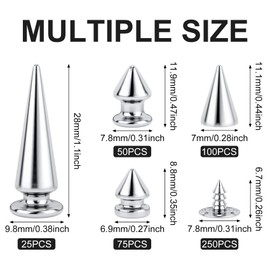 OIIKI 500PCS Silver ABS Bullet Spike Cone Studs, Assorted Sizes Screwback Rivets Cone Spike Studs Beads, Flat Back Punk Spikes DIY Crafts Decoration for Clothing Leather Belt Bag Shoes Jewelry Trims
