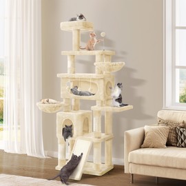 YITAHOME 76in Tall Cat Tree for Indoor Cats, Cat Tower with Scratching Posts, Tree Tower for Large Cats, Multi-Level Furniture Cat Condos w Climbing Ladder, Hanging Balls, Large Flat Platforms, Beige