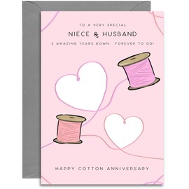 Niece & Husband 2nd Anniversary Card - Cotton Wedding Anniversary Card - Cotton Reels Design - A5 Size Card with Grey Envelope