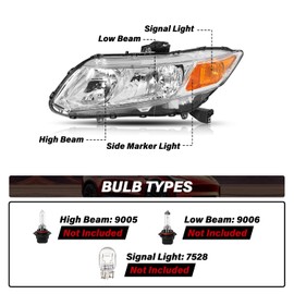 BRYGHT Headlight Assembly Pair for 2012-2015 Honda Civic 4Dr Sedan | 2012-2013 Honda Civic 2Dr Coupe Factory Halogen Headlamp LH+RH（Chrome Housing with Amber Reflector）