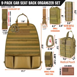 bvya Universal Car Back Seat Organizer with 3 Hooks and 5 Detachable Molle Pouches - Molle Pouch, Medical Pouch, Water Bottle Pouch, Flashlight Pouch, Phone Pouch for Tactical Vehicle Seat Protector