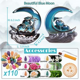 Zvaiuk New Moon Backflow Incense Holder, Ceramic Hand-Made Incense Fountain Burner with 100 Backflow Incense Cones，Fragrance Incense Stick，mat，Aromatherapy Home Decoration