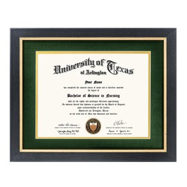 GMFrames 8.5x11 Wood Diploma Frame with Green Mat or Display 11x14 Certificates without Mat,Tempered Glass,Rustic Black Finish with Gold Trim