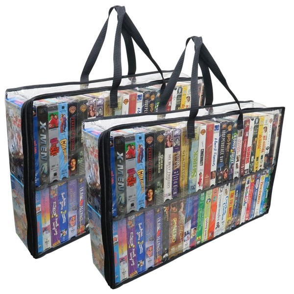 Evelots 2 Pack-VHS Movie Tape Storage Bag/Case, Clear PVC Plastic-Holds 100 Total, Strong Handles-No Dirt/Moisture/Dust