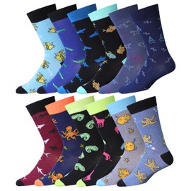 JAMES FIALLO Dress Socks for Men, Men's Casual Fun Fashion Patterned 12 Pairs Novelty Crew Socks - Colored Assorted Designs Available in Sizes (Ocean Blue Majesty), M9002-T1