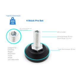 Design61 4 x Adjusting Feet, Diameter 30 mm, M8 x 20 Adjusting Screw, Galvanised with Hexagon Socket, Adjustable from Above, Adjustable Feet, Levelling Feet for Furniture, Workbench and Machines