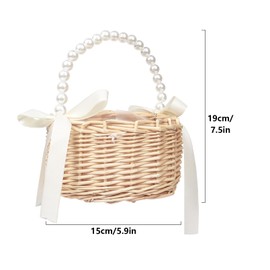 Wicker Flower Girl Basket for Weddings, Rattan Flower Basket Handmade Flower Girl Basket with Handle and Ribbon, Candy Basket For Wedding Party