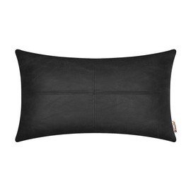 BRAWARM High Class Bolster Pillow Cover Case for Sofa Couch Home Decor Solid Dyed Luxurious Faux Leather Hand Stitched 12 X 20 Inches Black