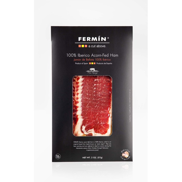 Fermin A Cut Above 100% Iberico Acorn Fed Ham Sliced (Jamon de Bellota 100% Iberico en lonchas ) Hand Carved Style 2 oz Pack (1)