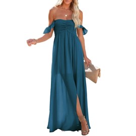 Happy Sailed Maxi Dresses for Women 2025 Summer Off Shoulder Smocked Corset Dress Flowy A Line Side Slit Sundress Prussian Blue Medium