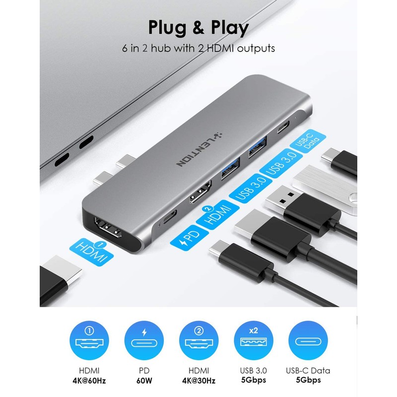LENTION USB C Hub with Dual 4K HDMI, 2 USB