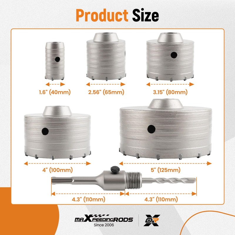 maXpeedingrods 6PCS Concrete Hole Saw Kit, 40 65 80 100