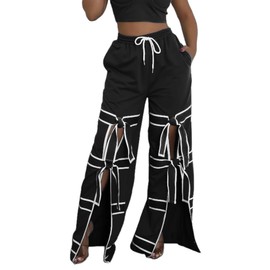Vaceky Bow Tie Sweatpants Women Wide Leg Split Flowy Casual Trouser Pants Black