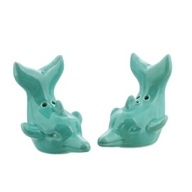 Ceramic Salt & Pepper Shakers Novelty Kitchen Décor - Green Dolphin