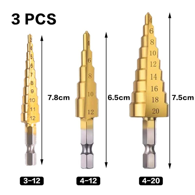 3PCS Step Drill Bit Set, High-Speed Steel Titanium Coated Cone
