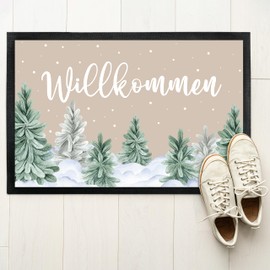 Doormat "Willkommen" with Fir Design - for Indoor and Outdoor Use - Non-Slip, Extra Thin & Absorbent - Door Mat - Entrance Area Decoration - Gift for Advent or Christmas, 60 x 90 cm