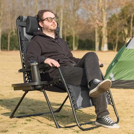 Tisetrail Zero Gravity Lounge Chairs - Set of 2 Oversized Reclining Patio Chairs with Adjustable Pillow & Cup Holder (500lbs Capacity, Black/Gray)