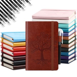 Estune Tree Small Notebooks Pen Leather Lined Pocket Subject Notebooks Hardcover Pocket Notepad Cute Ruled Leather Journals with Pen Holder for Men Women School Business, A6 (Stylish Color,40 Pcs)