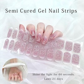 Semi Cured Gel Nail Strips (Glitter Pink Cat Eyes) - Works with Any UV Nail Lamps, Salon-Quality, Long Lasting, Easy to Apply & Remove - Includes Nail File & Wooden Stick, Mother's Day Gift