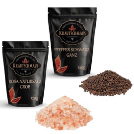 Krautschmaus Salt and Pepper for the Mill 120 g Pink Natural Salt Coarse Known as Himalaya Salt, Crystal Salt from Salt Range Pakistan, Black Peppercorns