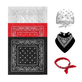 Pack of 3 Bandana, 54 x 54 cm Paisley Bandanas Headscarf Women and Men Multifunctional Hair Scarf Cowboy Bandana Red Black White Headwear Neck Wrist Head for Outdoor Sports Hiking Climbing, black