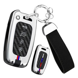 HIBEYO 4 Button Key Fob Cover Compatible with KIA Forte Sportage K2 K5 Fit for Hyundai Genesis Coupe Sonata ix35 Accessories Alloy Carbon Fiber Key Shell Holder with Leather Keychains-4 Button Silver