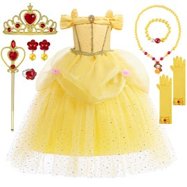 YYDSXK Princess Dress Girls, Belle Costume Girls with Crown Wand Necklaces Set, Fancy Dress Costumes Children Belle Princess Costume Girls for Carnival Cosplay Birthday Party (Style 1, 140)