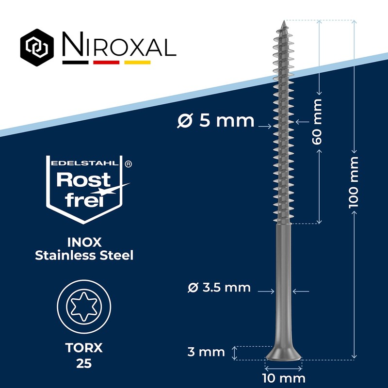 Wood Screws, Torx Screws 5x100, V2A Stainless Steel, Rustproof, Chipboard