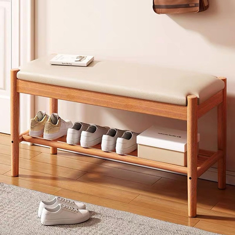 Buzleer Solid Wood Shoe Bench with Cushion, 2-Tier Shoe Rack