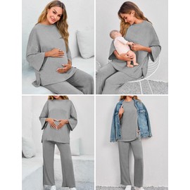 FMEYOA 2 Piece Postpartum Nursing Pajamas Set Casual Grey Maternity Breastfeeding Pjs Sleepwear Loungewear Maternity Clothes XL