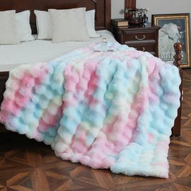 RYNGHIPY Faux Fur Throw Blanket Tie Dye Colorful Rainbow Blanket for Couch Plush Fluffy Faux Rabbit Fur Decoration Blanket for Sofa Chair Bed (Rainbow, 63''x79'')