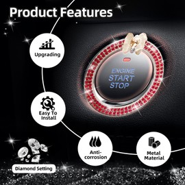 3leavtrees Yello Love Butterfly Car Accessories - Car Engine Start Stop Decoration Ring,Push to Start Button Cover/Sticker,Bling Car Accessories for Women,Key Ignition&Knob Bling Ring - Red