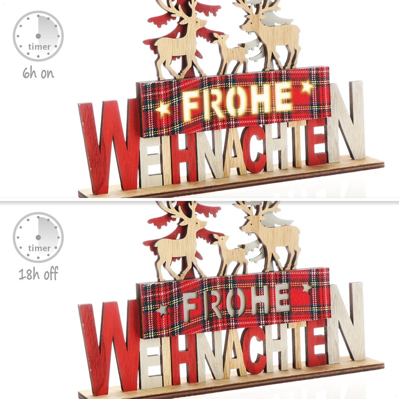 com-four® LED decorative stand made of wood, illuminated lettering on