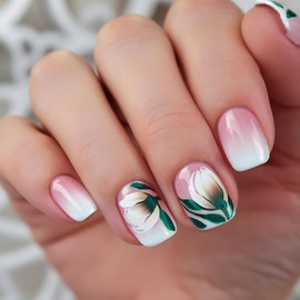 24 Pcs Pink Press on Nails Short Square Flower Fake Nails with Pink White Gradient Acrylic Nails Design Stick on Nails Spring Summer Floral False Nails French Full Cover Glue on Nails for Women