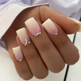 Square Press on Nails Medium Fake Nails Pink White Acrylic Nails Gradient Stick on Nails Full Cover Artificial False Nails with Rhinestone Designs Glossy Glue on Nails for Women Girls Diy Manicure