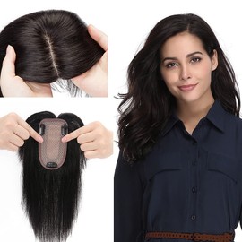 MY-LADY 150% Density Human Hair Toppers Without Bangs For Women 10 Inch (no bangs) Natural Black Silk Base Clip in Toppers Top Hair Pieces for Thinning Hair Hair Loss