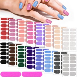 Maitys 16 Sheets Glitter Nail Wraps Polish Strips Self Adhesive Shine Solid Color Fingernail Full Wrap Stickers with 2 Pieces Nail File for Women DIY Manicure Tips(Cute Color)