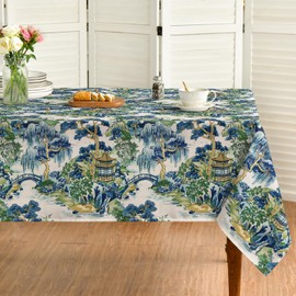 Horaldaily Chinoiserie Tablecloth 60x104 Inch Rectangular, Seasonal House Trees Vintage Style Mountain Fall Washable Seasonal Table Cover for Party Picnic Dinner Decor