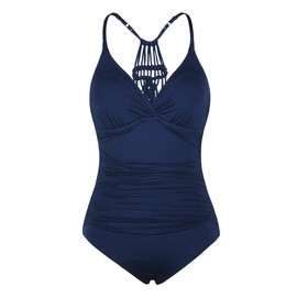 Firpearl Trajes de baño de una pieza para mujer, cuello en V, trenzado, macramé, fruncido, control de barriga, trajes de baño, Azul marino/flor y brillo, 6