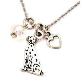 ChubbyChicoCharms Sitting Dalmatian Stainless Steel Rope Chain Necklace with White Crystal Accent