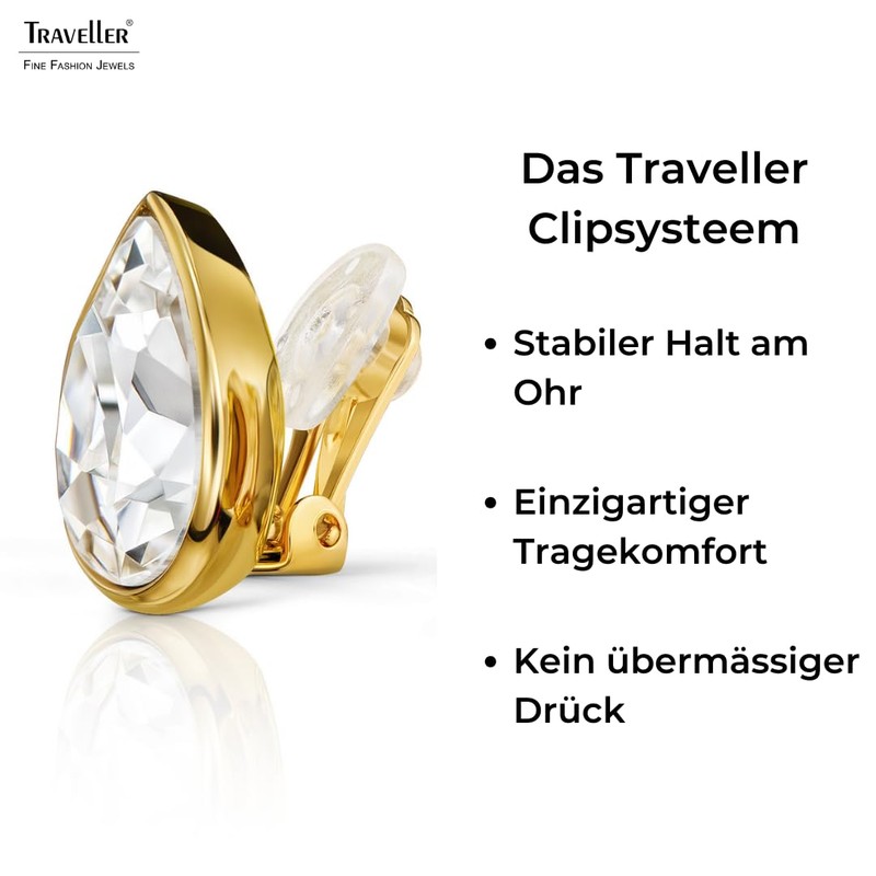 Traveller Clip-On Earrings - Drop - Crystals - Gold-Plated or