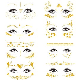 8 Sheets Temporary Tattoo Face Sticker Waterproof Gold Flash Tattoos Gold Flash Temporary Metallic Festival Tattoos for Women Teenagers Girl Makeup Party