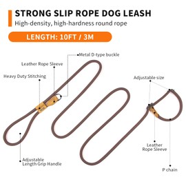Wolfone Slip Lead Dog Leash - Heavy Duty Rope Leash with Adjustable Loop and Hands-Free Handle for Training, Walking Active Dogs Brown 3m*Ø12mm