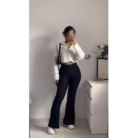 DINNAPE Flare Leggings for Women - No Front Seam High Waisted Tummy Control Ribbed Leggings Comfy Athletic Yoga Pants Black L