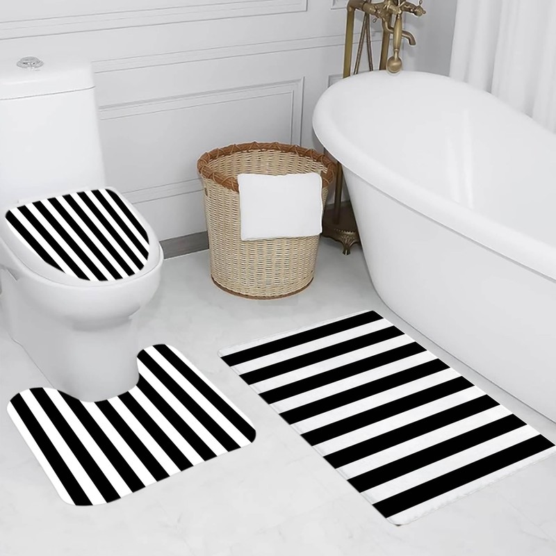 MYUSRE 4 Piece Black and White Striped Shower Curtain Set
