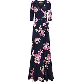 Bon Rosy Women's 3/4 Sleeve Floral Printed Bohemian Maxi Wrap Dress Navy L