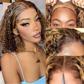 seelaak Highlight Wear and Go Glueless Bob Wigs Human Hair Pre Plucked Natural Wave 4x4 Lace Closure Wig Straight P4/27 Ombre Water Wave Human Hair Highlight Short Bob Wigs for Black Women (14 Inch)