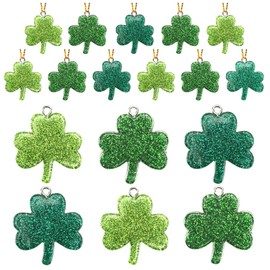 DTOFOOT 36PCS Mini Glitter Resin Shamrock Ornaments St. Patrick's Day Hanging Decorations for Tree Lucky Shamrock Charms with String Resin Hanging Pendants for Party Favors Decor